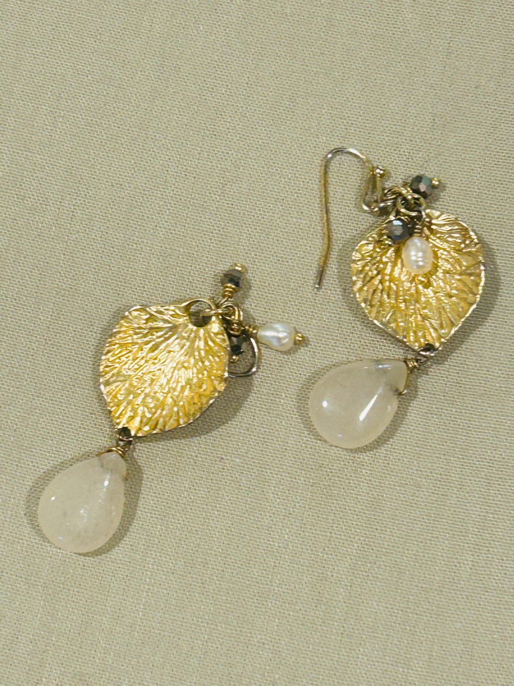 Gold Leaf Teardrop Earrings with Cream Pearl and Stone Accents